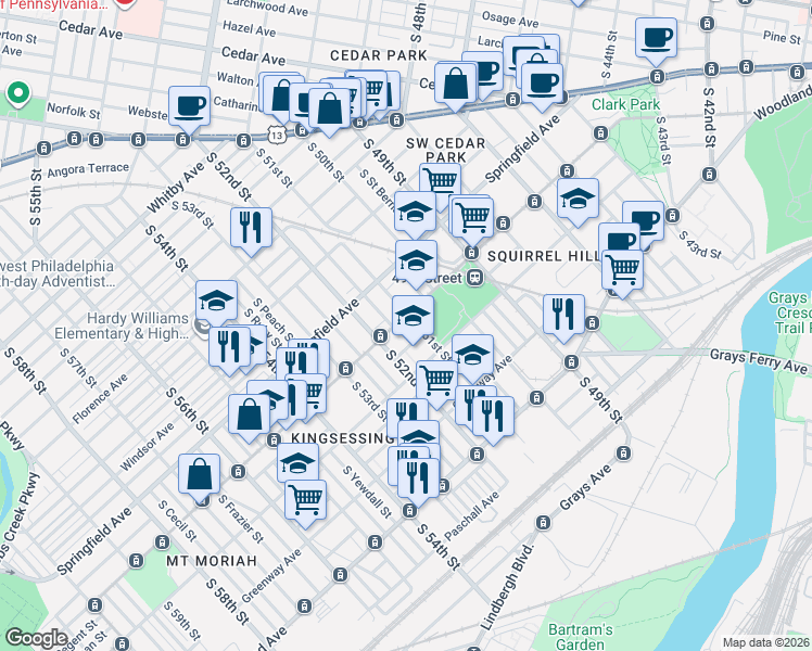 map of restaurants, bars, coffee shops, grocery stores, and more near in Philadelphia