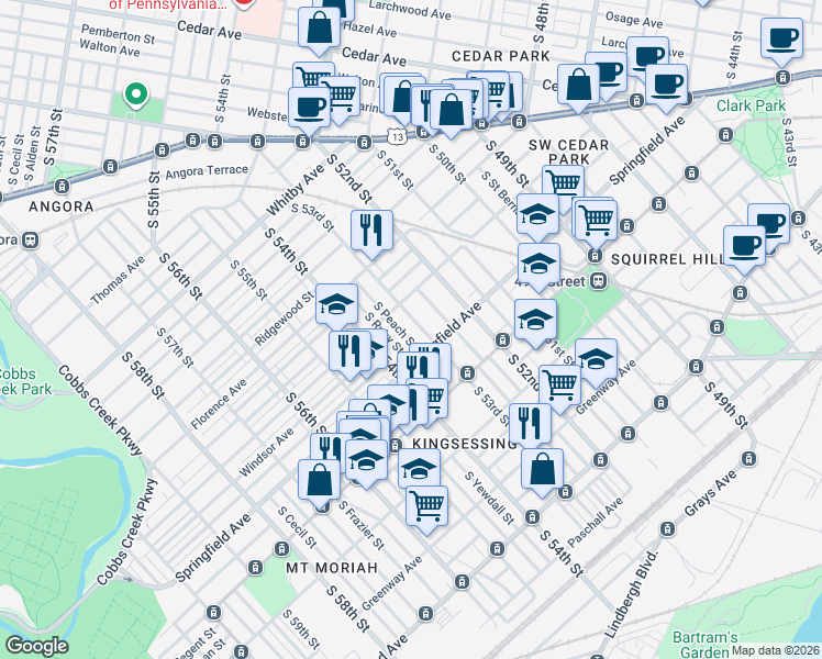 map of restaurants, bars, coffee shops, grocery stores, and more near 1230 South 53rd Street in Philadelphia