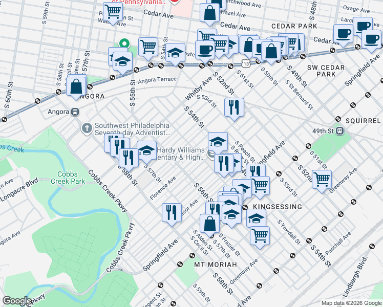 map of restaurants, bars, coffee shops, grocery stores, and more near 5529 Ridgewood Street in Philadelphia