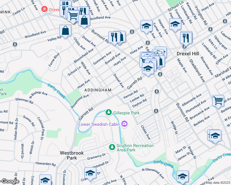 map of restaurants, bars, coffee shops, grocery stores, and more near 4128 Garrett Road in Drexel Hill