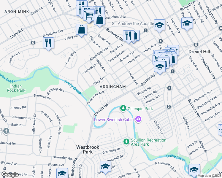 map of restaurants, bars, coffee shops, grocery stores, and more near in Drexel Hill