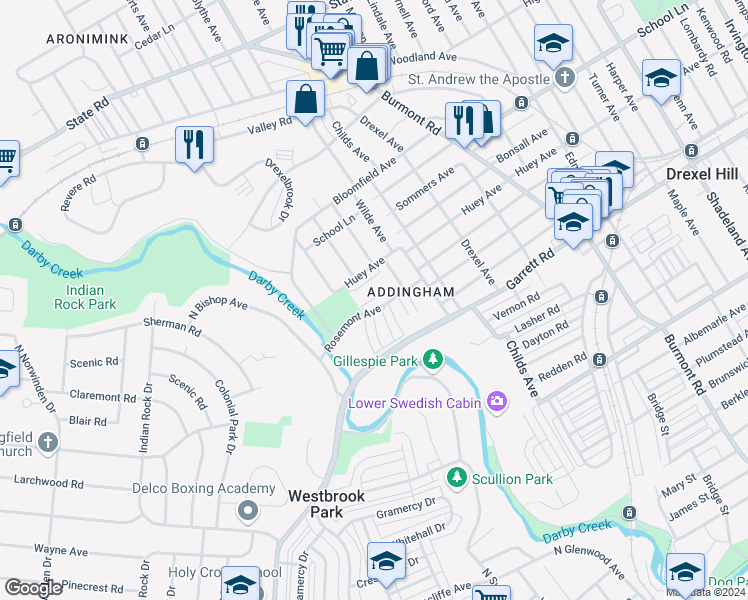 map of restaurants, bars, coffee shops, grocery stores, and more near 4423 Rosemont Avenue in Drexel Hill