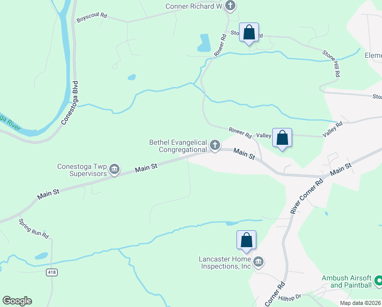 map of restaurants, bars, coffee shops, grocery stores, and more near 3775 Main Street in Conestoga