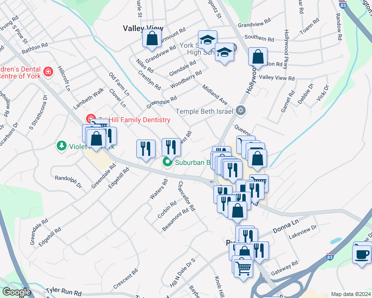 map of restaurants, bars, coffee shops, grocery stores, and more near 556 Hillcrest Road in York