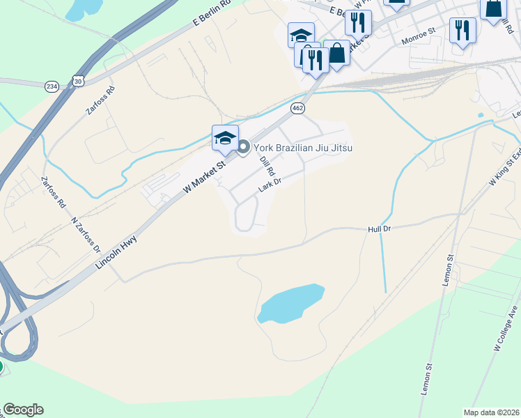 map of restaurants, bars, coffee shops, grocery stores, and more near 3125 Canary Court in York