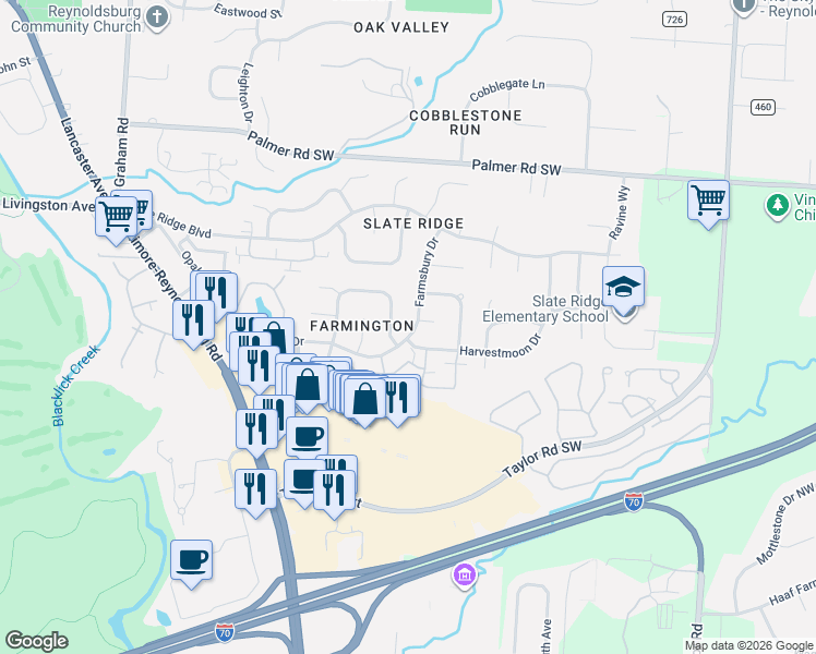 map of restaurants, bars, coffee shops, grocery stores, and more near 2149 Farmsbury Drive in Reynoldsburg