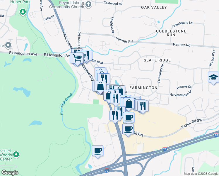 map of restaurants, bars, coffee shops, grocery stores, and more near 2095 Dornbin Drive in Reynoldsburg