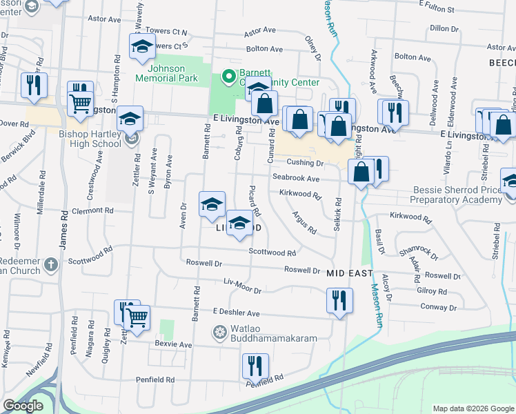 map of restaurants, bars, coffee shops, grocery stores, and more near 1477 Picard Road in Columbus