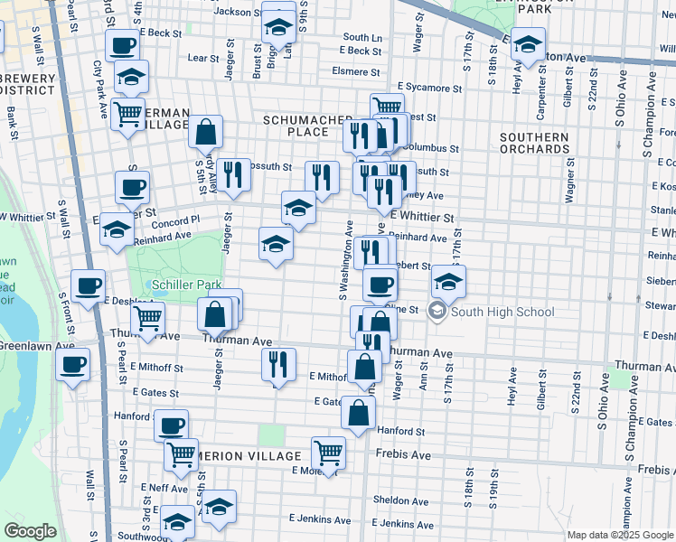 map of restaurants, bars, coffee shops, grocery stores, and more near in Columbus