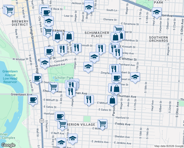 map of restaurants, bars, coffee shops, grocery stores, and more near 338 Stewart Avenue in Columbus