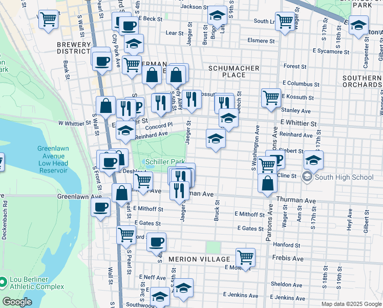 map of restaurants, bars, coffee shops, grocery stores, and more near 1010 Jaeger Street in Columbus