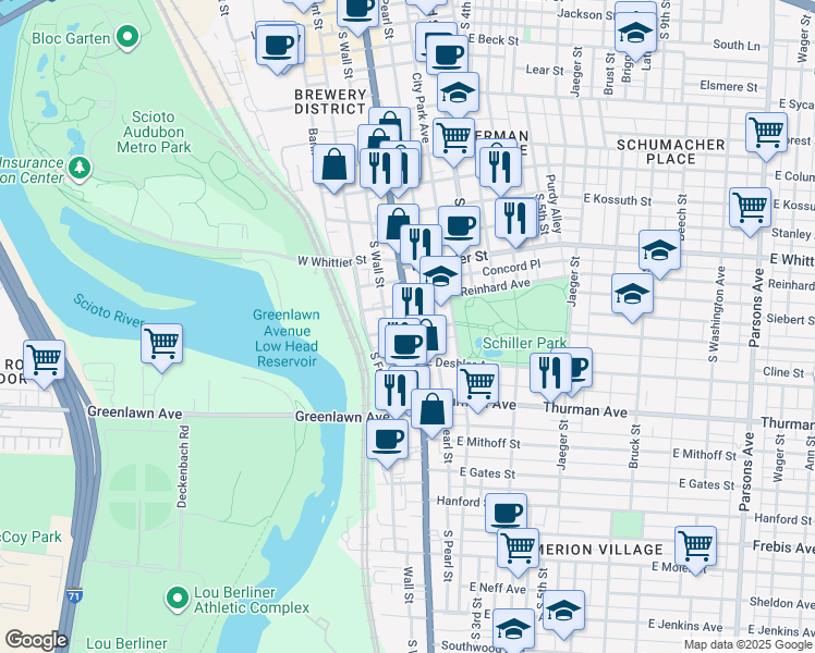 map of restaurants, bars, coffee shops, grocery stores, and more near in Columbus