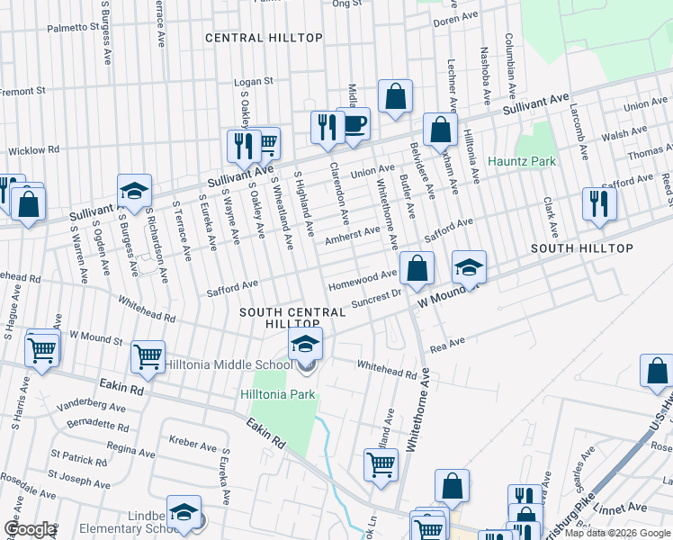 map of restaurants, bars, coffee shops, grocery stores, and more near 2247 Safford Avenue in Columbus