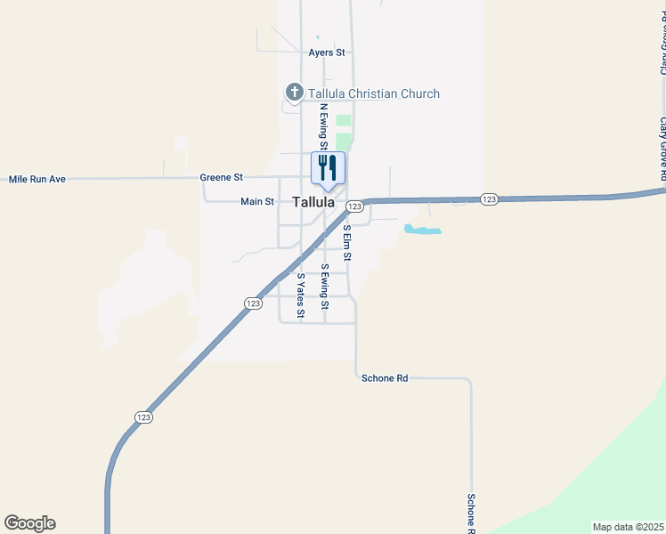 map of restaurants, bars, coffee shops, grocery stores, and more near 305 South Ewing Street in Tallula