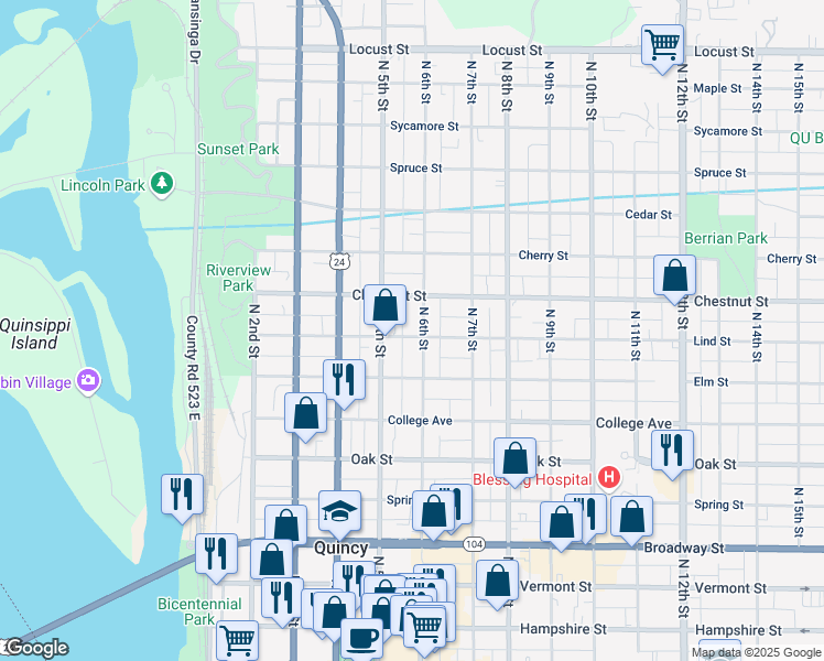 map of restaurants, bars, coffee shops, grocery stores, and more near 531 Lind Street in Quincy