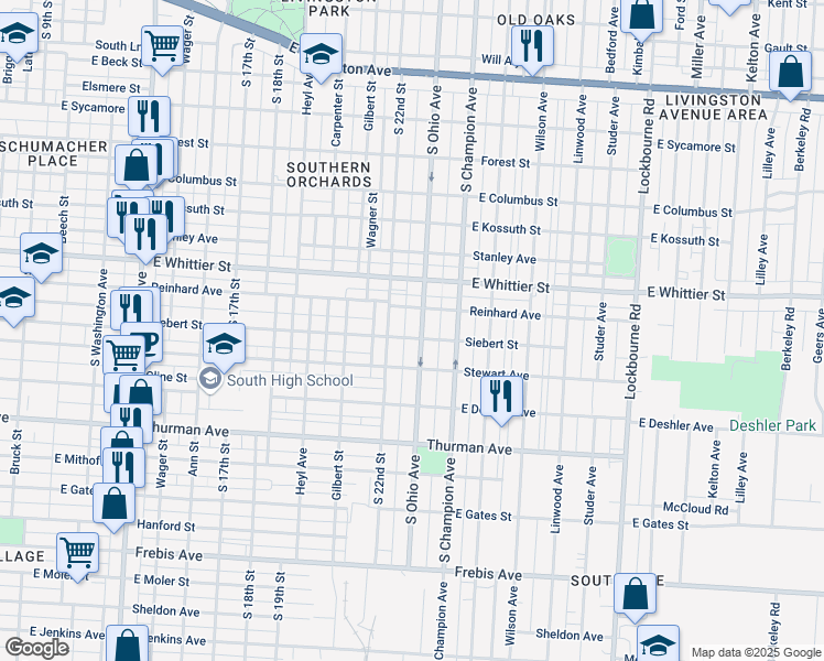 map of restaurants, bars, coffee shops, grocery stores, and more near 1119 South Ohio Avenue in Columbus