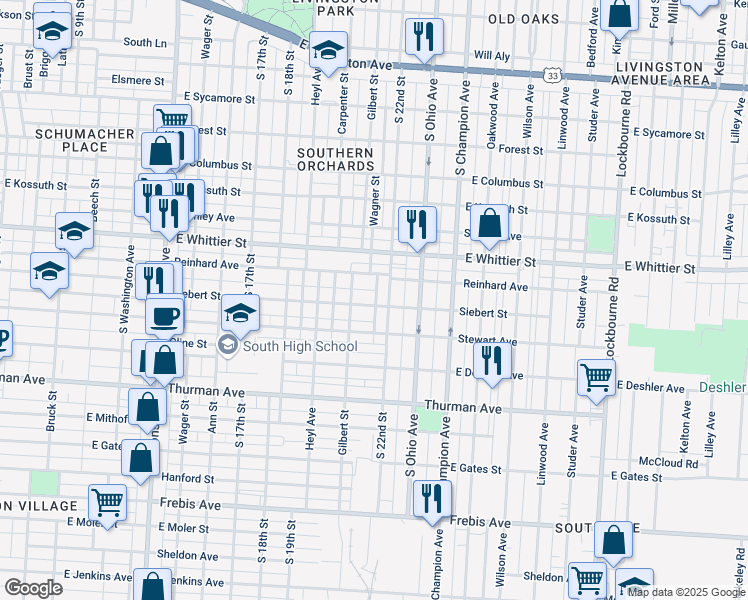 map of restaurants, bars, coffee shops, grocery stores, and more near 834 Siebert Street in Columbus