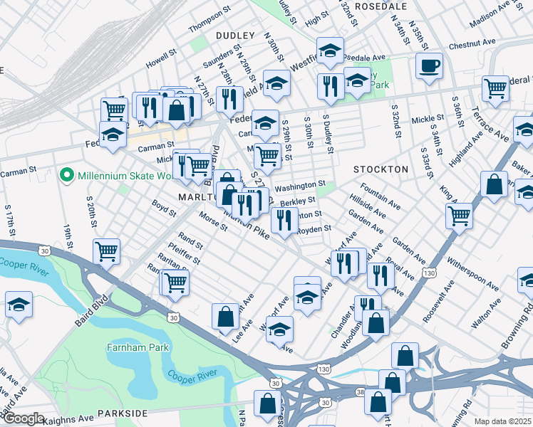 map of restaurants, bars, coffee shops, grocery stores, and more near 2684 Berkley Street in Camden