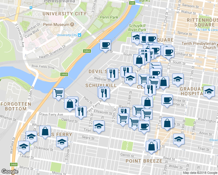 map of restaurants, bars, coffee shops, grocery stores, and more near 2547 Montrose Street in Philadelphia