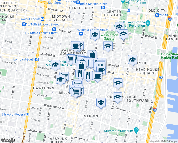 map of restaurants, bars, coffee shops, grocery stores, and more near 811 Kater Street in Philadelphia