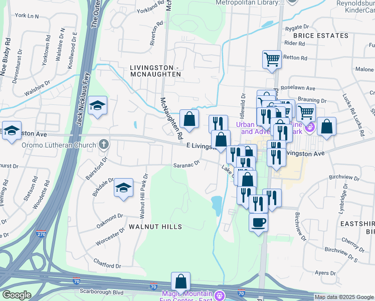 map of restaurants, bars, coffee shops, grocery stores, and more near 5961 East Livingston Avenue in Columbus