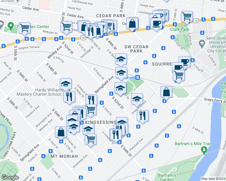 map of restaurants, bars, coffee shops, grocery stores, and more near 5117 Chester Avenue in Philadelphia