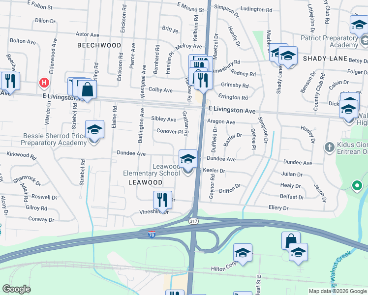 map of restaurants, bars, coffee shops, grocery stores, and more near 1595 Grattan Rd in Columbus