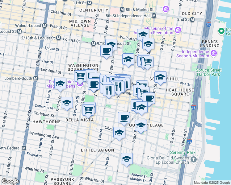 map of restaurants, bars, coffee shops, grocery stores, and more near 714 South Street in Philadelphia