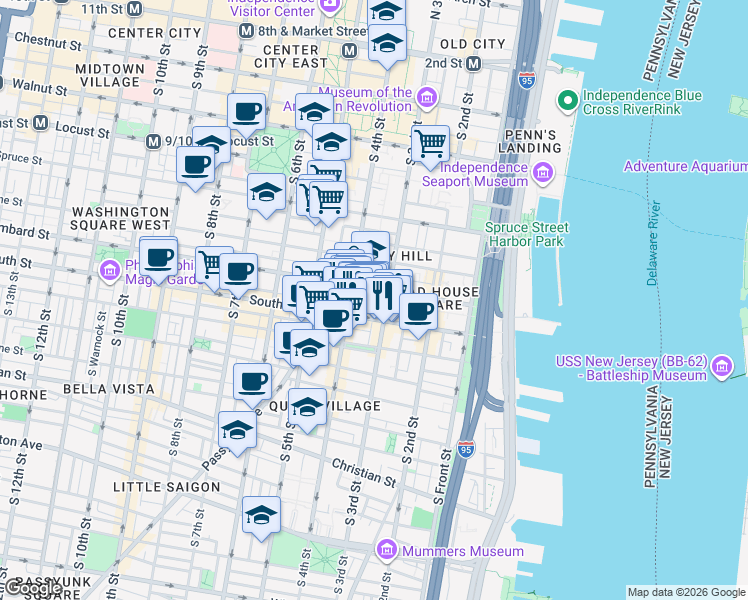 map of restaurants, bars, coffee shops, grocery stores, and more near in Philadelphia