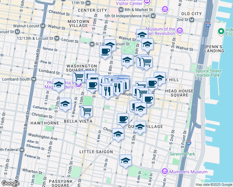 map of restaurants, bars, coffee shops, grocery stores, and more near 821 Bainbridge Street in Philadelphia