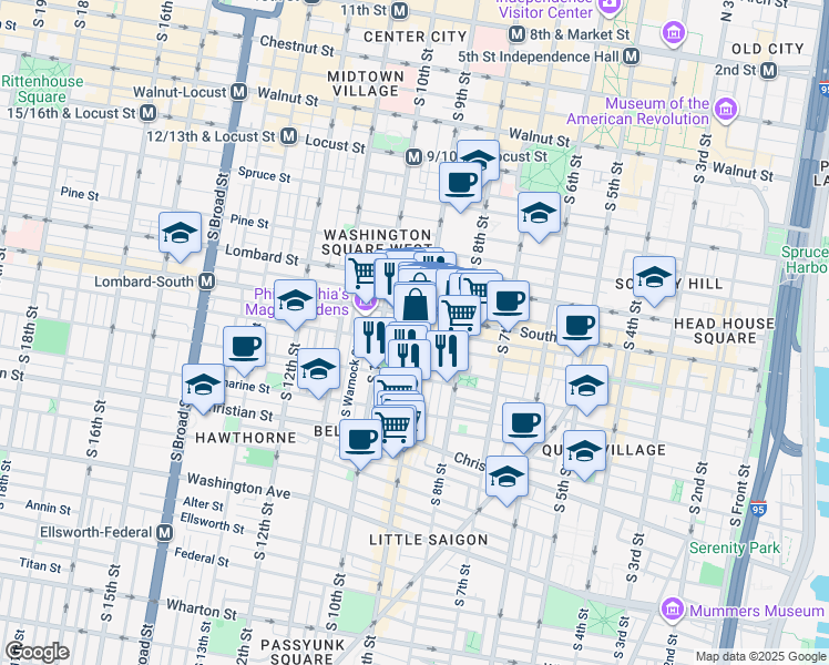 map of restaurants, bars, coffee shops, grocery stores, and more near 614 South 9th Street in Philadelphia