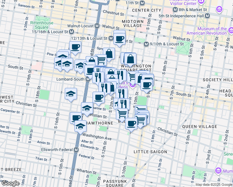 map of restaurants, bars, coffee shops, grocery stores, and more near 1130 Bainbridge St in Philadelphia