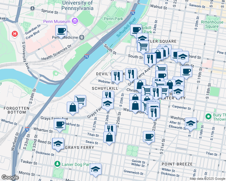 map of restaurants, bars, coffee shops, grocery stores, and more near 2549 Montrose Street in Philadelphia