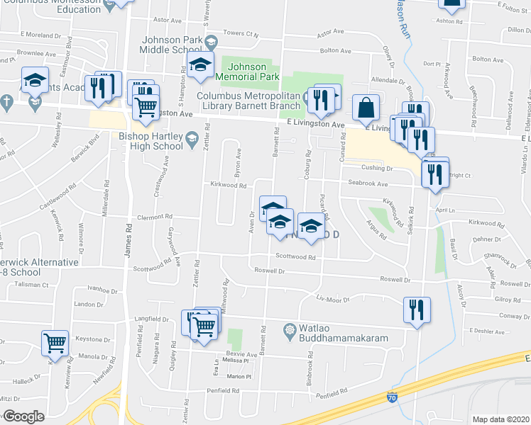 map of restaurants, bars, coffee shops, grocery stores, and more near 1451 Barnett Rd in Columbus