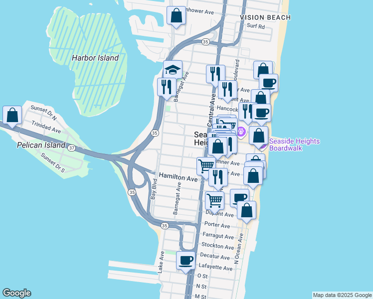map of restaurants, bars, coffee shops, grocery stores, and more near 610 Barnegat Avenue in Seaside Heights