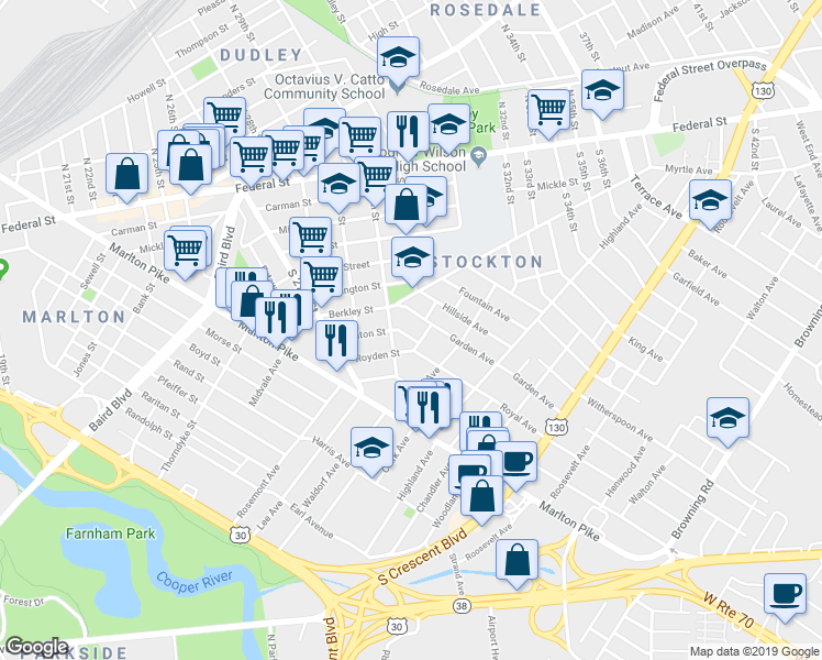 map of restaurants, bars, coffee shops, grocery stores, and more near 3025 Clinton Street in Camden