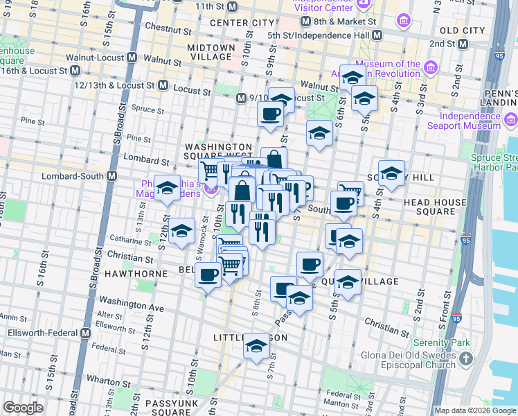 map of restaurants, bars, coffee shops, grocery stores, and more near 821 Kater Street in Philadelphia
