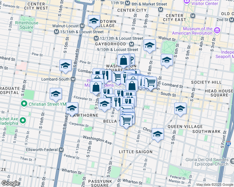 map of restaurants, bars, coffee shops, grocery stores, and more near 1019 Bainbridge Street in Philadelphia