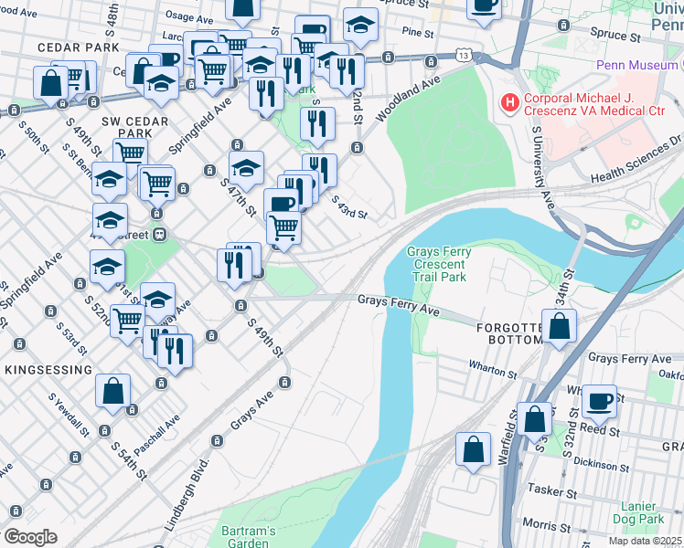 map of restaurants, bars, coffee shops, grocery stores, and more near 4610 Paschall Avenue in Philadelphia