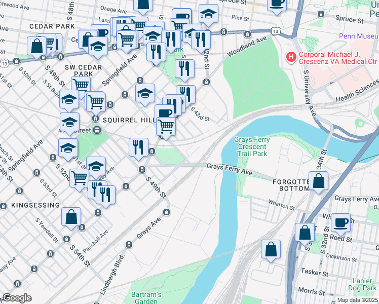 map of restaurants, bars, coffee shops, grocery stores, and more near 4641 Paschall Avenue in Philadelphia