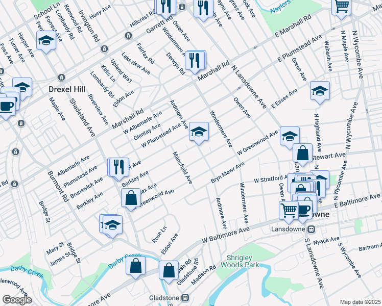 map of restaurants, bars, coffee shops, grocery stores, and more near 186 Berkley Avenue in Lansdowne