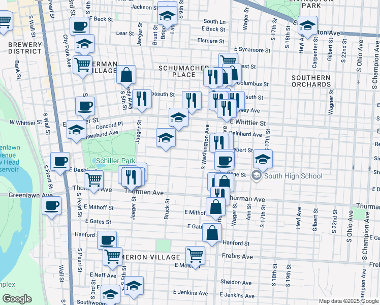 map of restaurants, bars, coffee shops, grocery stores, and more near 397 Zimpfer Street in Columbus