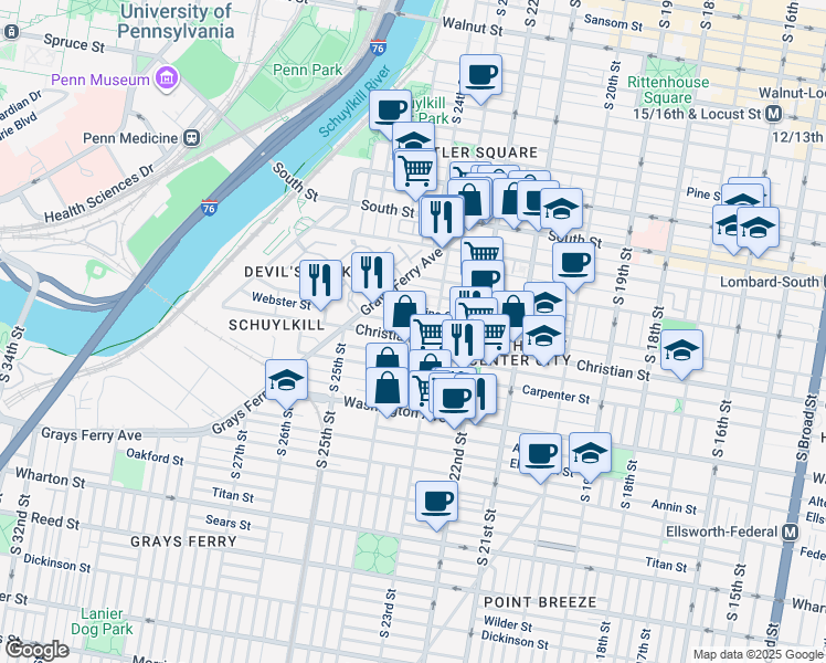 map of restaurants, bars, coffee shops, grocery stores, and more near 2327 Christian Street in Philadelphia