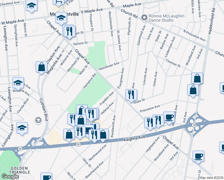 map of restaurants, bars, coffee shops, grocery stores, and more near 555 Chapel Avenue West in Cherry Hill Township