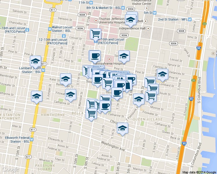 map of restaurants, bars, coffee shops, grocery stores, and more near 608 South 8th Street in Philadelphia