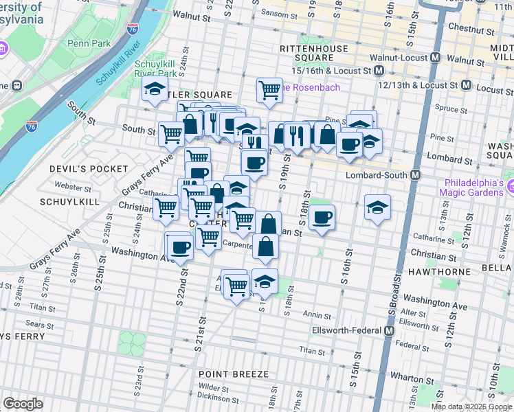 map of restaurants, bars, coffee shops, grocery stores, and more near 777 South 20th Street in Philadelphia