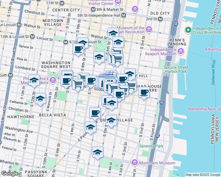 map of restaurants, bars, coffee shops, grocery stores, and more near 528 South 5th Street in Philadelphia