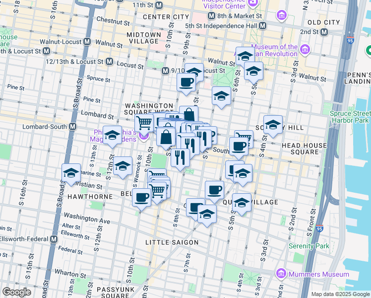 map of restaurants, bars, coffee shops, grocery stores, and more near 608 South 8th Street in Philadelphia