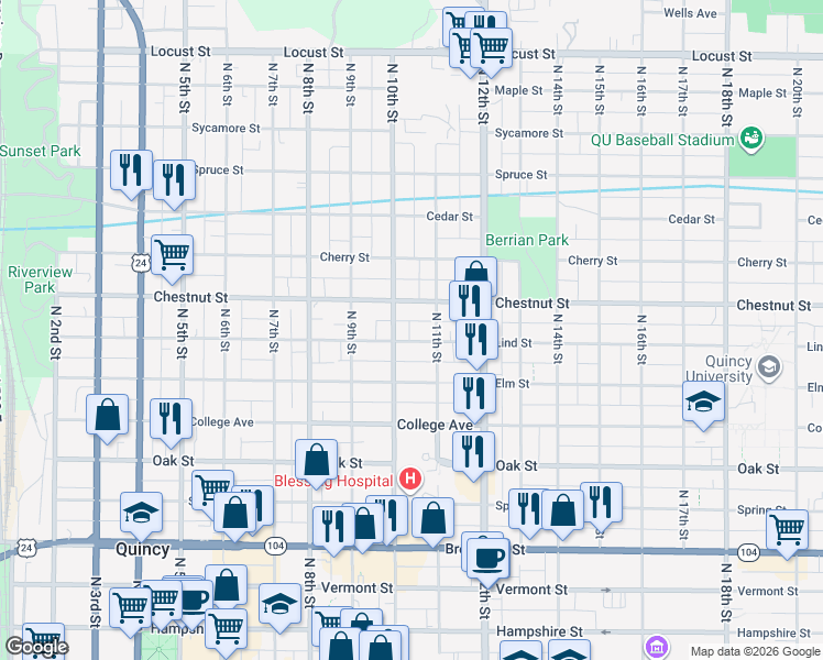 map of restaurants, bars, coffee shops, grocery stores, and more near 1003 Lind Street in Quincy