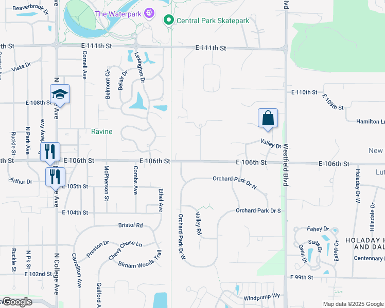 map of restaurants, bars, coffee shops, grocery stores, and more near 1444 East 106th Street in Indianapolis